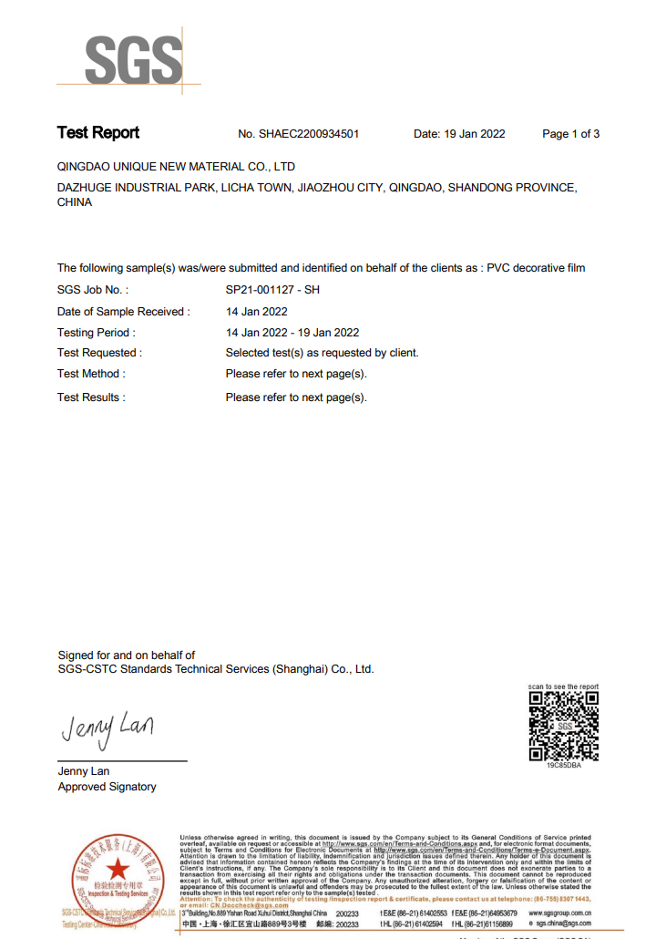 SGS authenticate PVC decorative film made by Qingdao Unique New Material